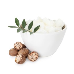 Photo of Natural shea butter in bowl isolated on white
