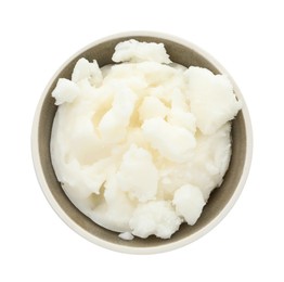 Photo of Shea butter in bowl isolated on white, top view