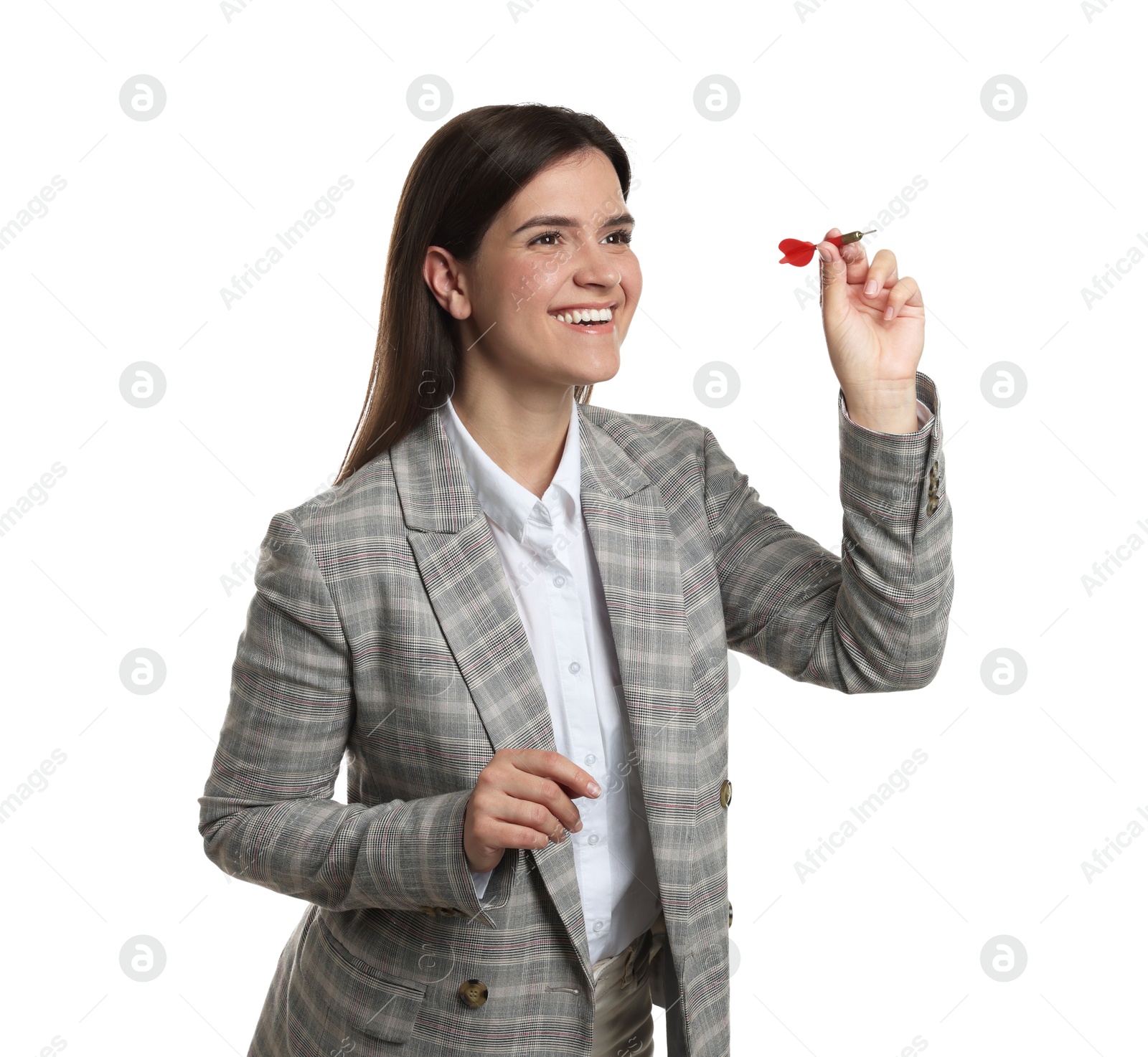 Targeting. Smiling businesswoman with dart aiming on white background Photo of Targeting. Smiling businesswoman with dart aiming on white background