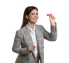 Photo of Targeting. Smiling businesswoman with dart aiming on white background