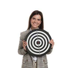 Photo of Targeting. Smiling businesswoman with dart board on white background
