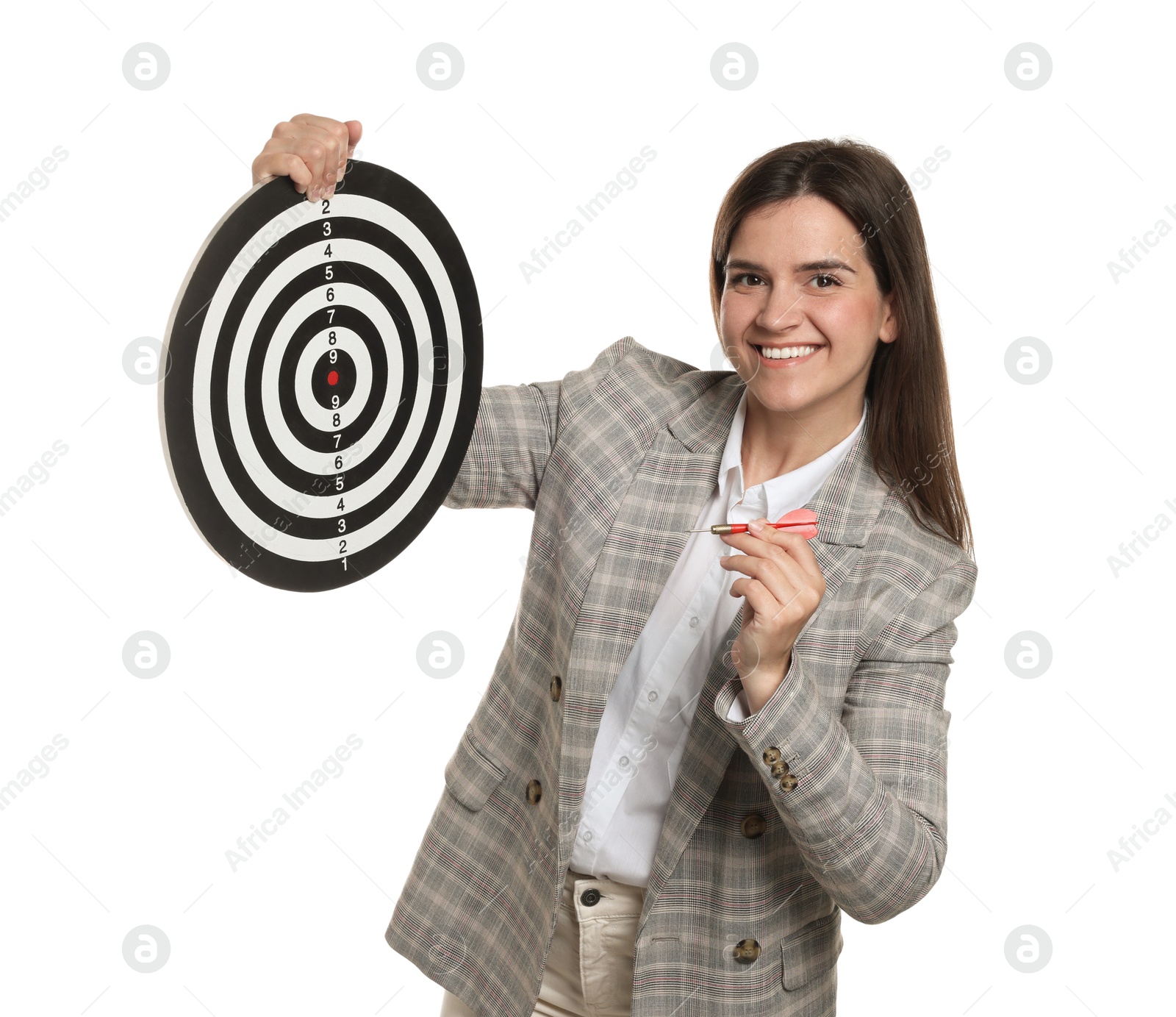 Photo of Targeting. Smiling businesswoman with dart board and arrow on white background