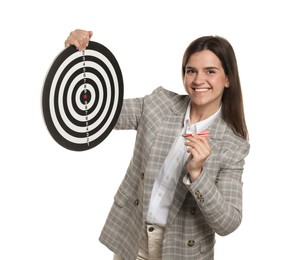 Photo of Targeting. Smiling businesswoman with dart board and arrow on white background