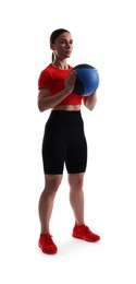 Photo of Woman with medicine ball on white background