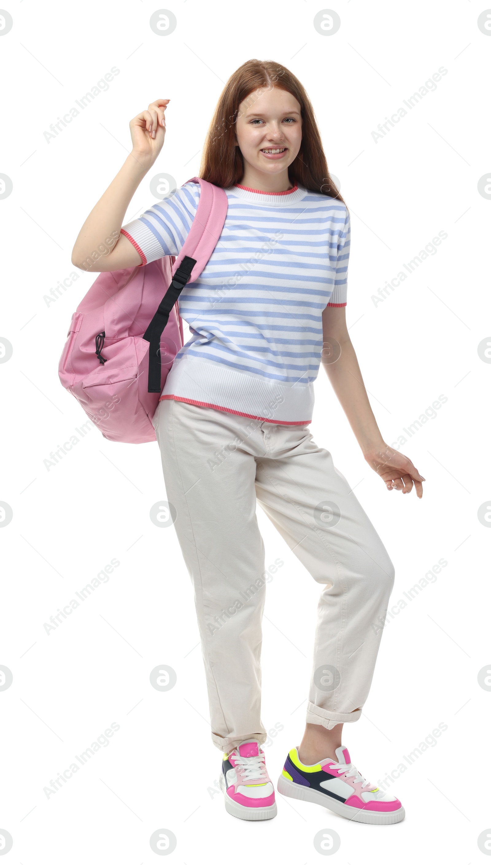 Teenage girl with backpack on white background Photo of Teenage girl with backpack on white background