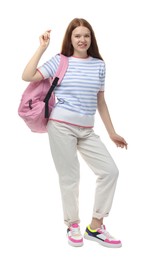 Photo of Teenage girl with backpack on white background