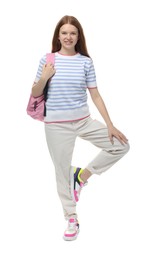 Photo of Teenage girl with backpack posing on white background