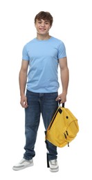 Photo of Teenage boy with backpack on white background