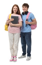 Photo of Teenage girl and boy with laptop on white background
