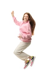 Photo of Happy teenage girl jumping on white background