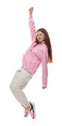 Photo of Happy teenage girl posing on white background