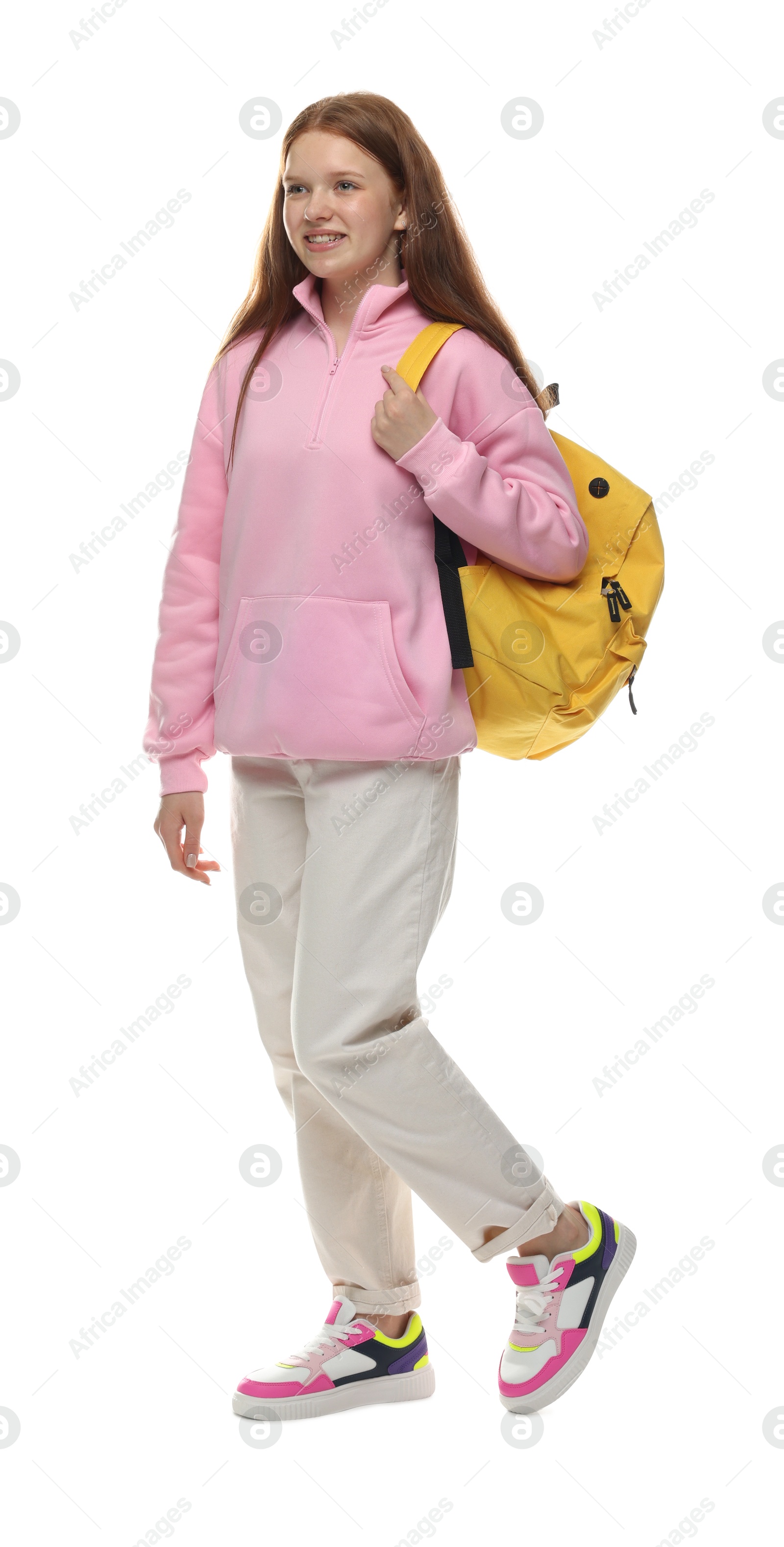Photo of Teenage girl with backpack on white background