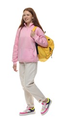 Photo of Teenage girl with backpack on white background