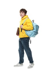 Photo of Teenage boy with laptop and backpack on white background