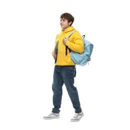 Photo of Teenage boy with laptop and backpack on white background