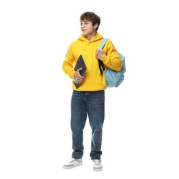Photo of Teenage boy with laptop and backpack on white background