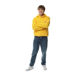 Photo of Happy teenage boy posing on white background