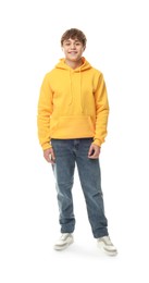 Photo of Happy teenage boy posing on white background