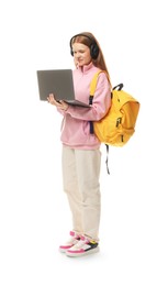 Photo of Teenage girl with laptop, headphones and backpack on white background