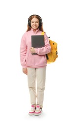 Photo of Teenage girl with laptop, headphones and backpack on white background