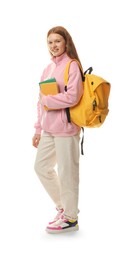 Photo of Teenage girl with books and backpack on white background