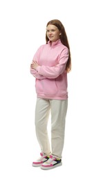 Photo of Happy teenage girl posing on white background