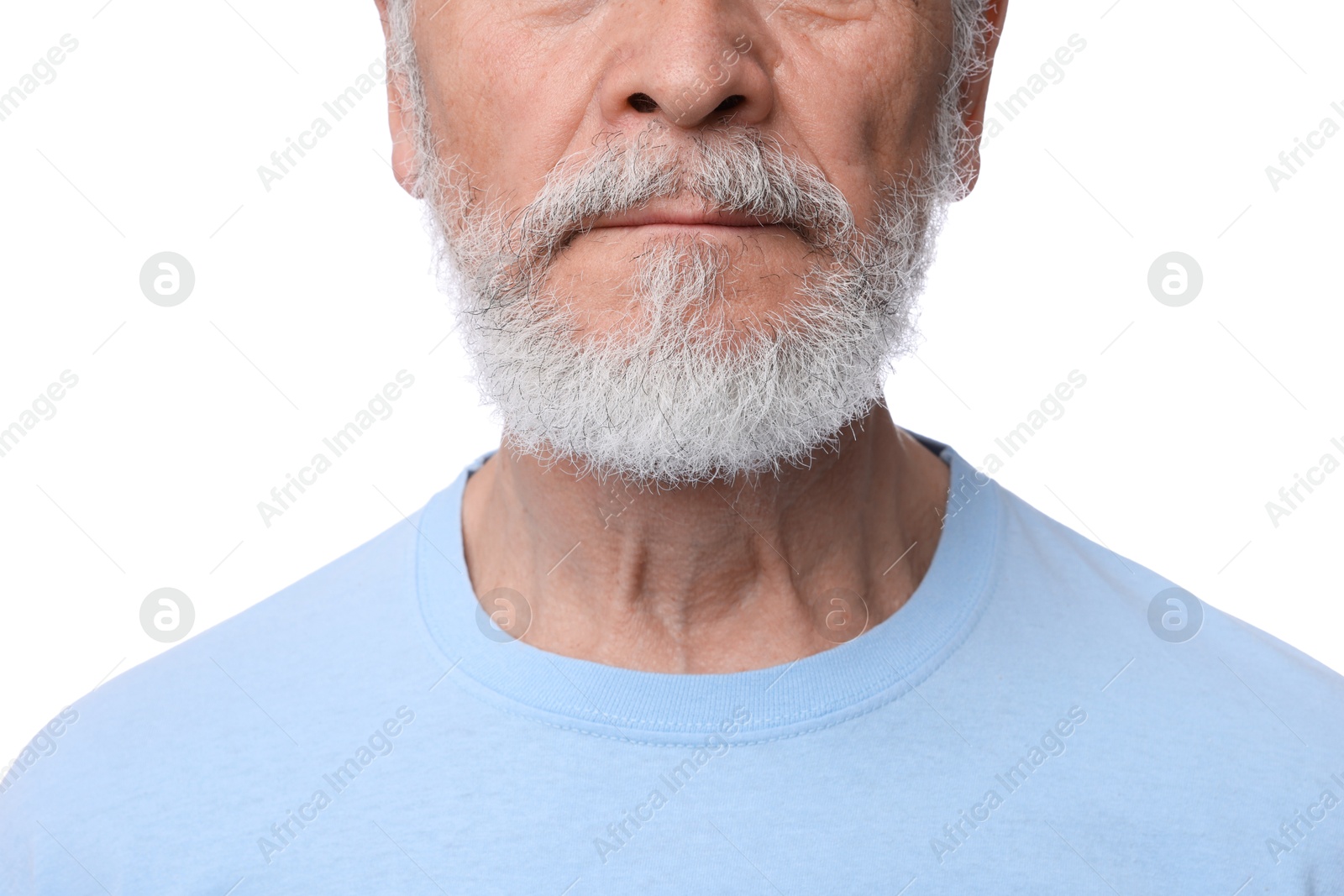 Man with silver beard on white background, closeup Photo of Man with silver beard on white background, closeup