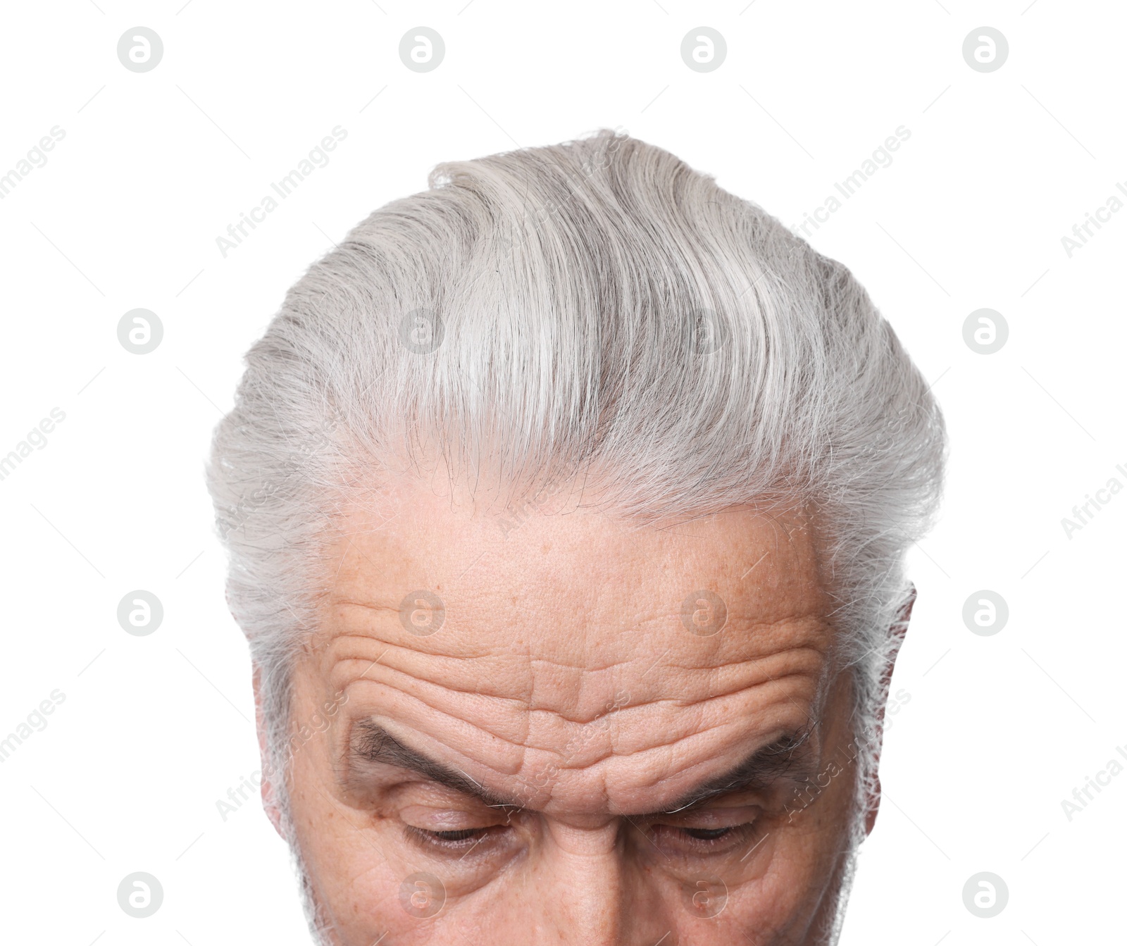 Man with silver hair on white background, closeup Photo of Man with silver hair on white background, closeup