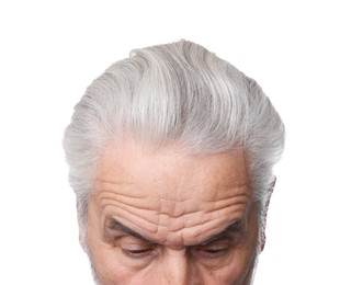 Photo of Man with silver hair on white background, closeup