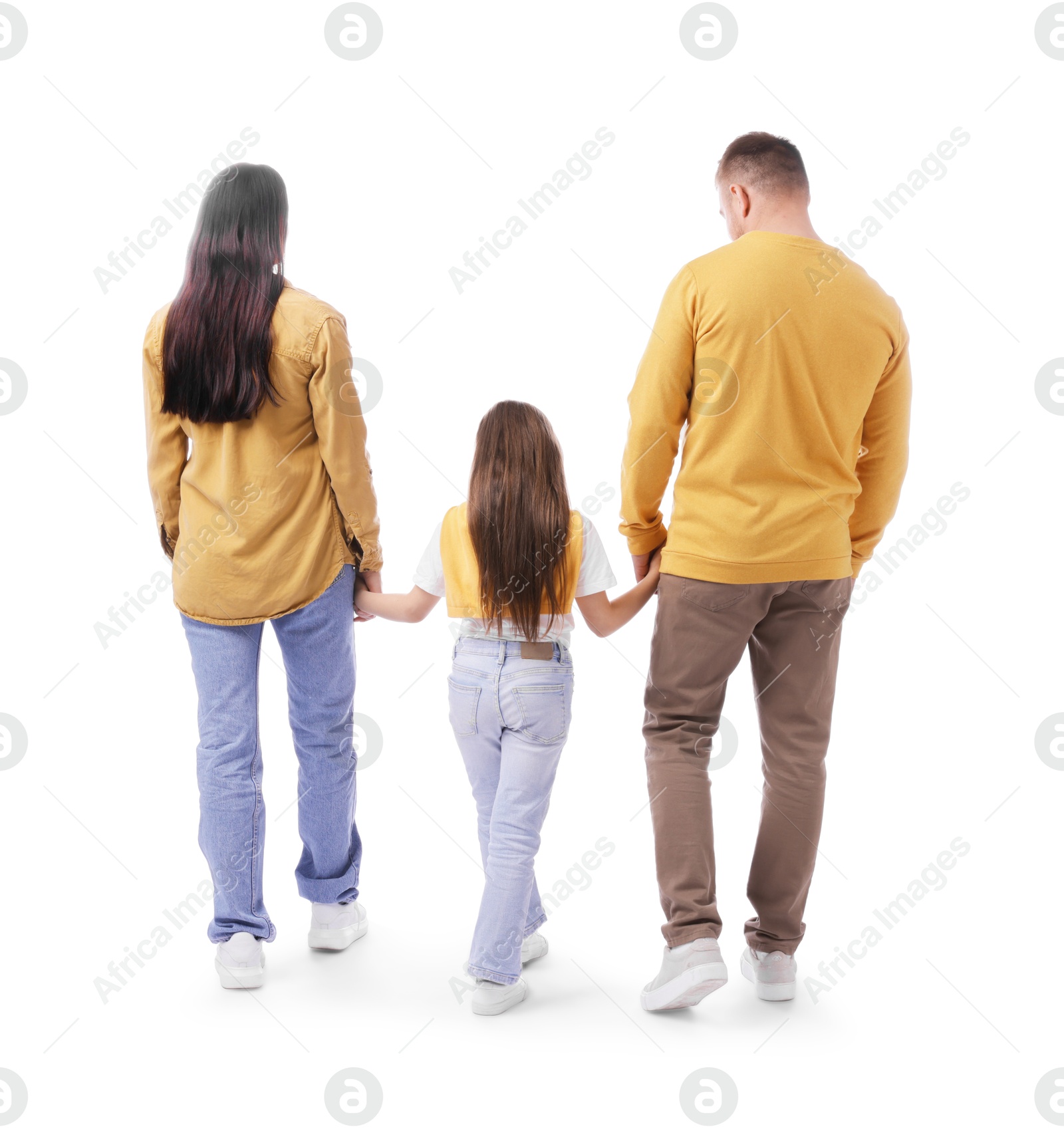 Photo of Parents and their daughter on white background, back view