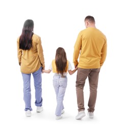 Photo of Parents and their daughter on white background, back view