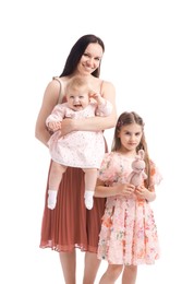 Photo of Mother and her cute kids on white background
