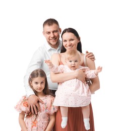 Photo of Happy parents and their kids on white background