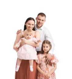 Photo of Happy parents and their kids on white background