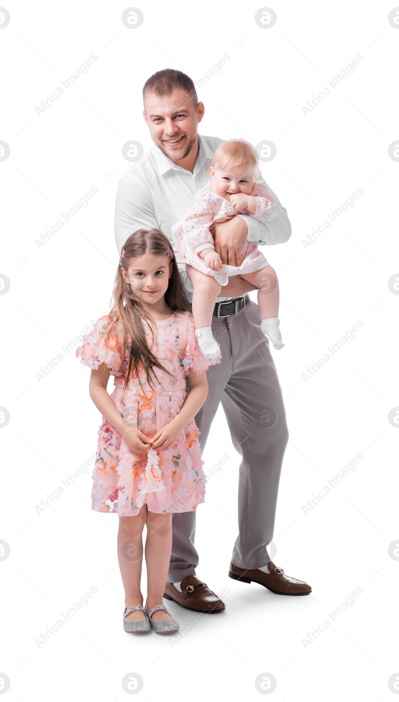 Happy father and his kids on white background Photo of Happy father and his kids on white background