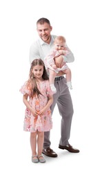 Photo of Happy father and his kids on white background
