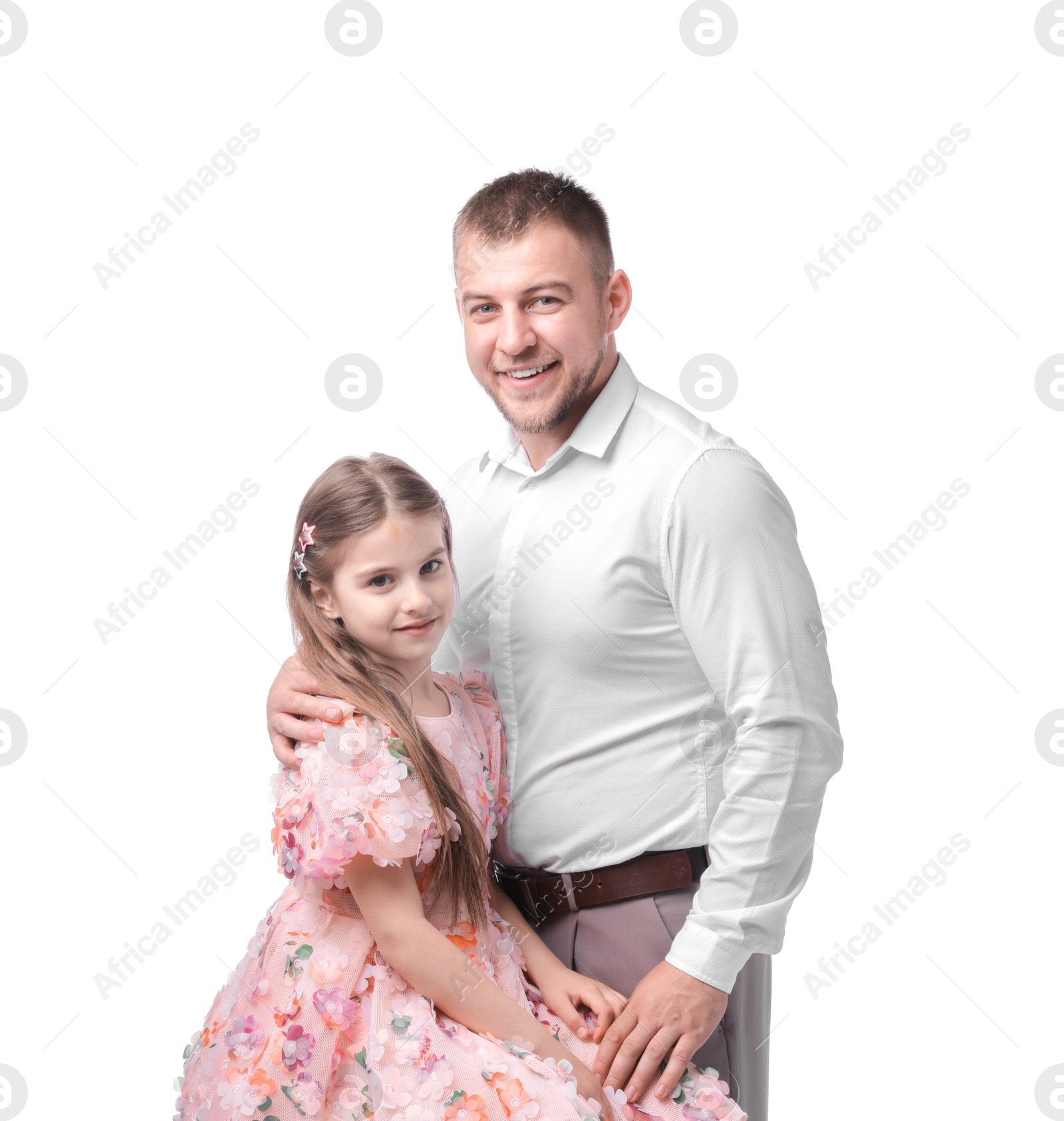Happy father and his daughter on white background Photo of Happy father and his daughter on white background