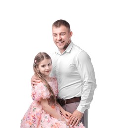 Photo of Happy father and his daughter on white background