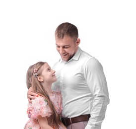 Photo of Happy father and his daughter on white background