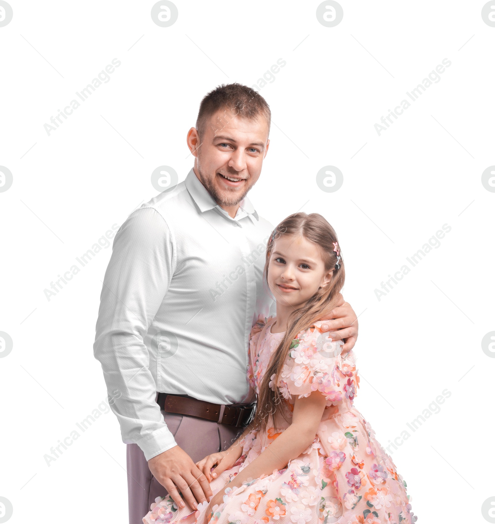 Photo of Happy father and his daughter on white background