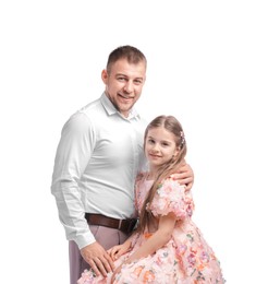 Photo of Happy father and his daughter on white background