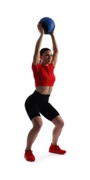 Photo of Athletic woman exercising with medicine ball on white background