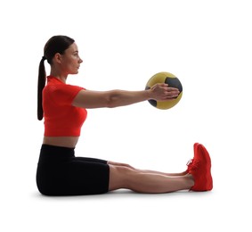 Photo of Athletic woman exercising with medicine ball on white background
