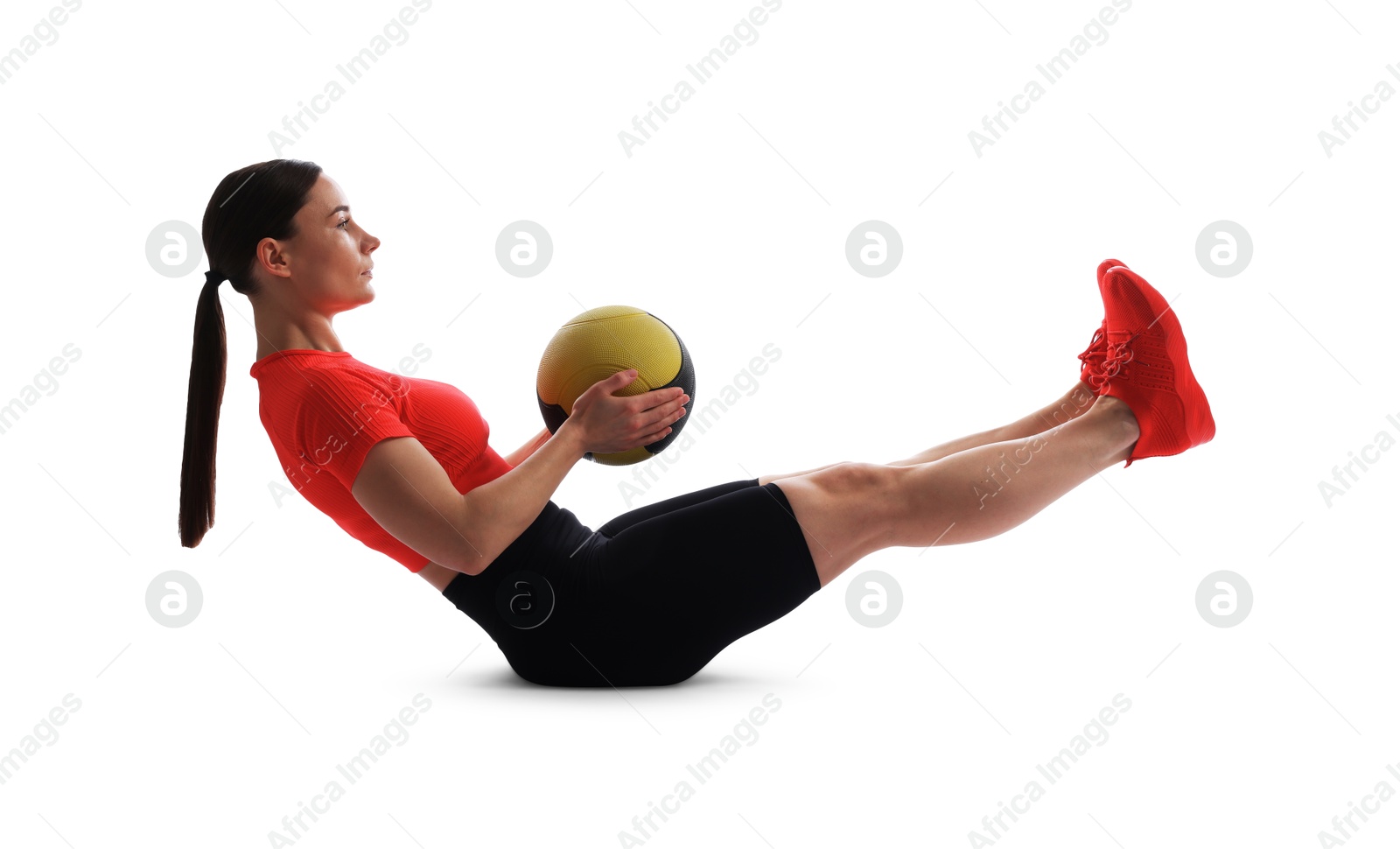 Athletic woman exercising with medicine ball on white background Photo of Athletic woman exercising with medicine ball on white background