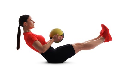 Photo of Athletic woman exercising with medicine ball on white background