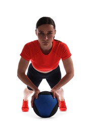 Photo of Athletic woman exercising with medicine ball on white background