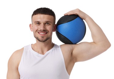 Photo of Man with medicine ball on white background