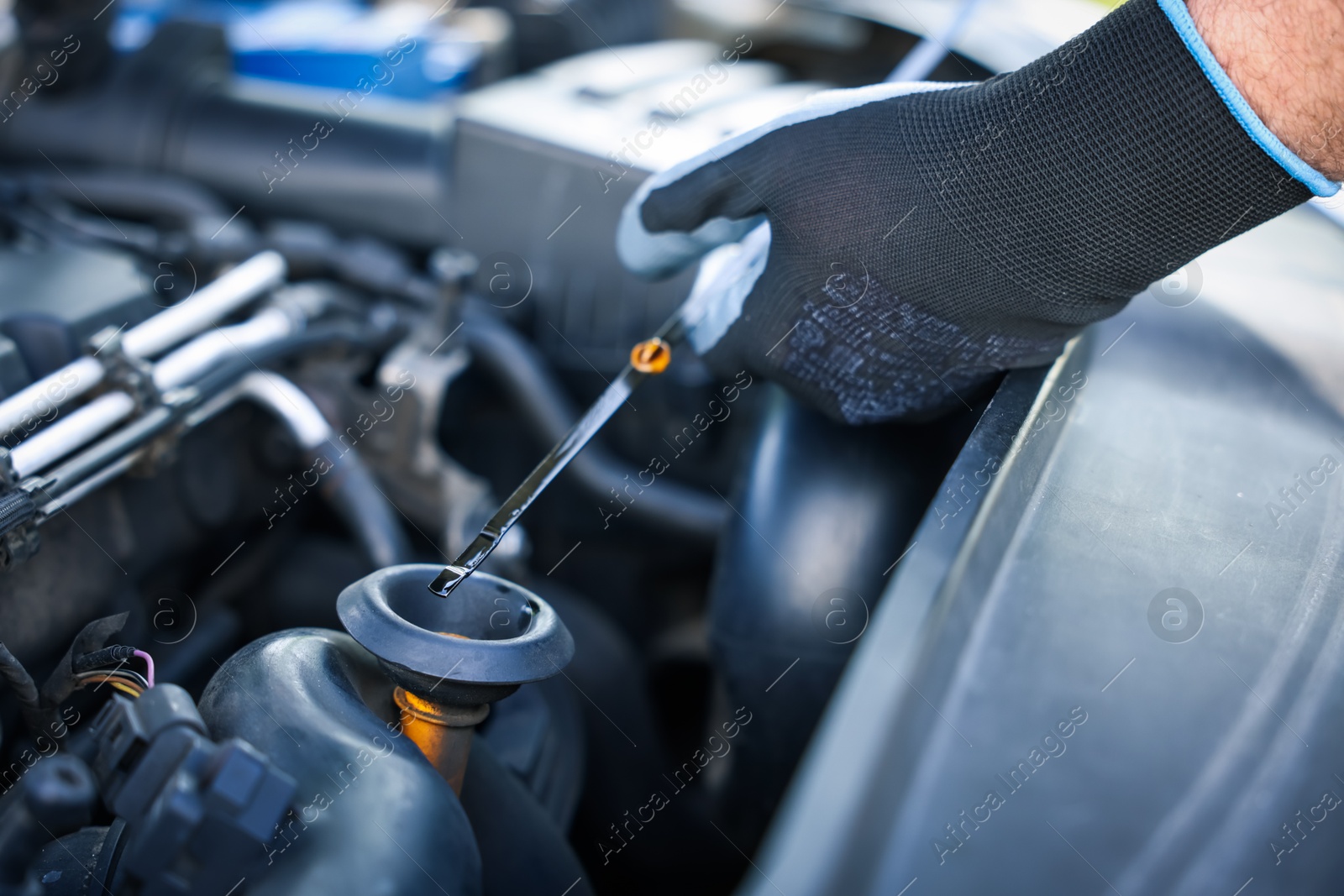 Worker checking motor oil level in car with dipstick, closeup Photo of Worker checking motor oil level in car with dipstick, closeup