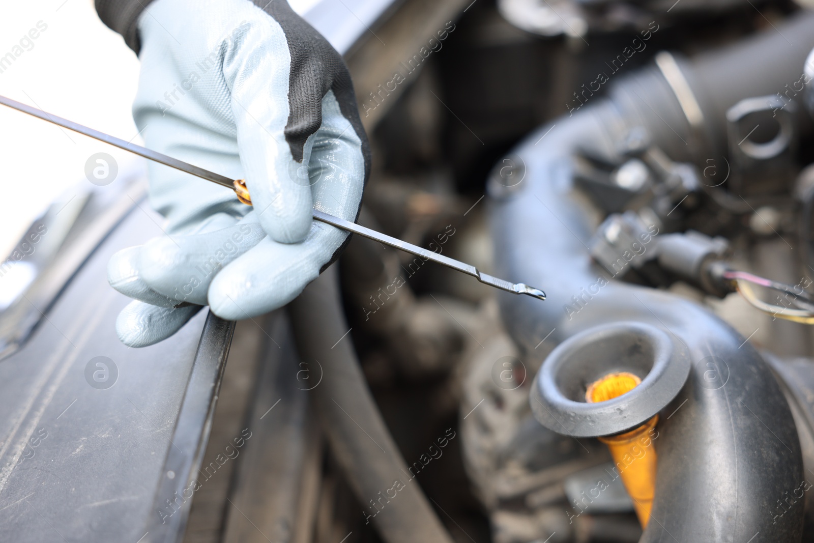Worker checking motor oil level in car with dipstick, closeup Photo of Worker checking motor oil level in car with dipstick, closeup