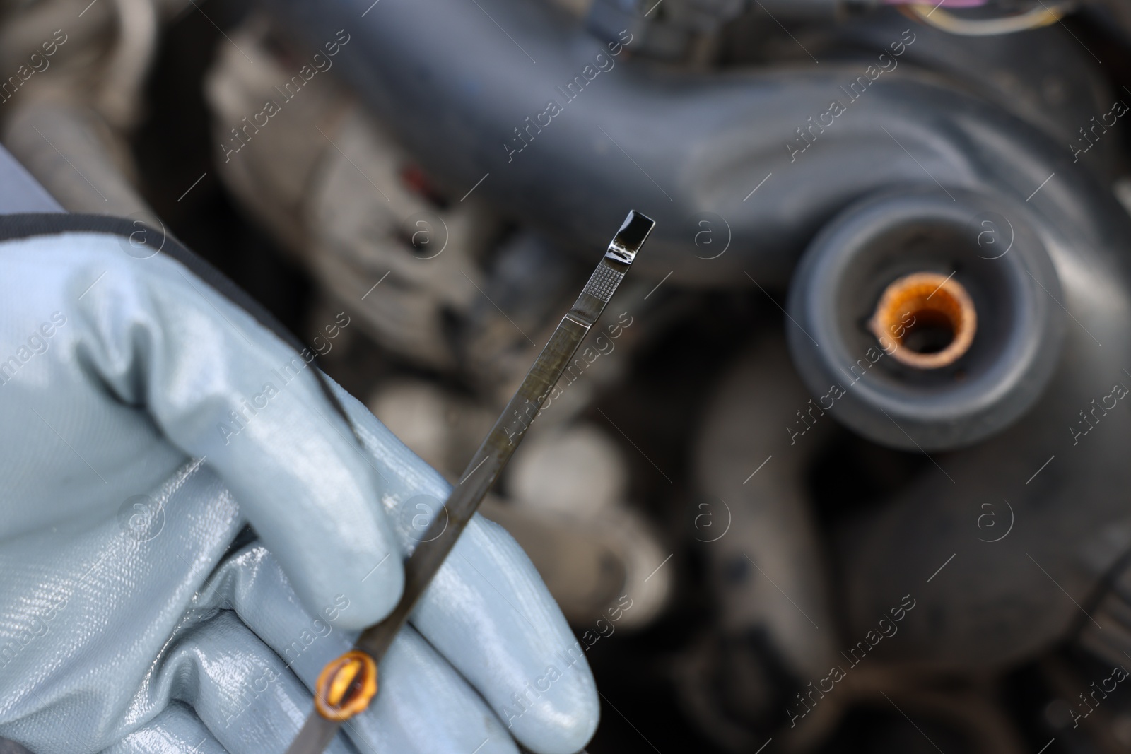 Worker checking motor oil level in car with dipstick, closeup Photo of Worker checking motor oil level in car with dipstick, closeup